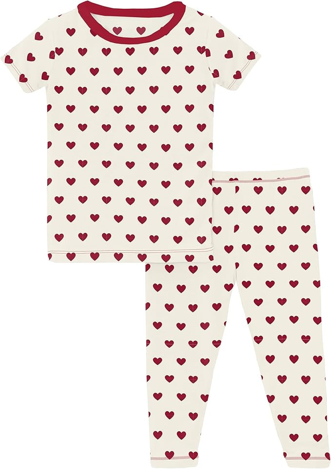 KicKee Full of Hearts Two Piece Pajamas Set, Short Sleeve, Long Pants, Snug Fit Pajamas (Natural ... | Amazon (US)