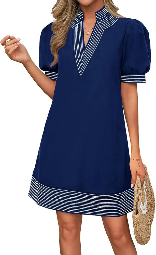Wenrine Womens Summer V Neck Shift Dresses Casual Puff Short Sleeve Color Block Short Boho Beach ... | Amazon (US)