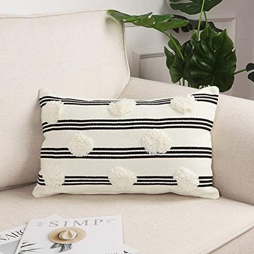 Sungea Cute Decorative Lumbar Throw Pillow Cover, 12x20 Inch Black and White Striped Pompoms Pill... | Amazon (US)