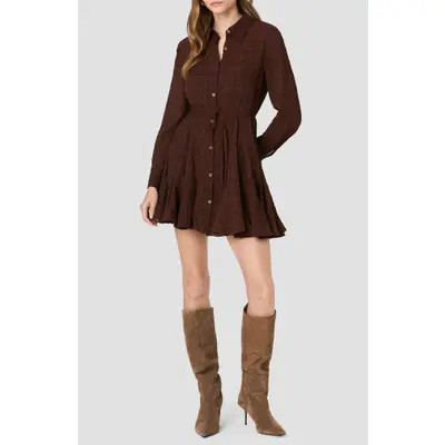 French Connection Textured Plaid Long Sleeve Chiffon Shirtdress in Cocoa Brown at Nordstrom, Size Small | Nordstrom