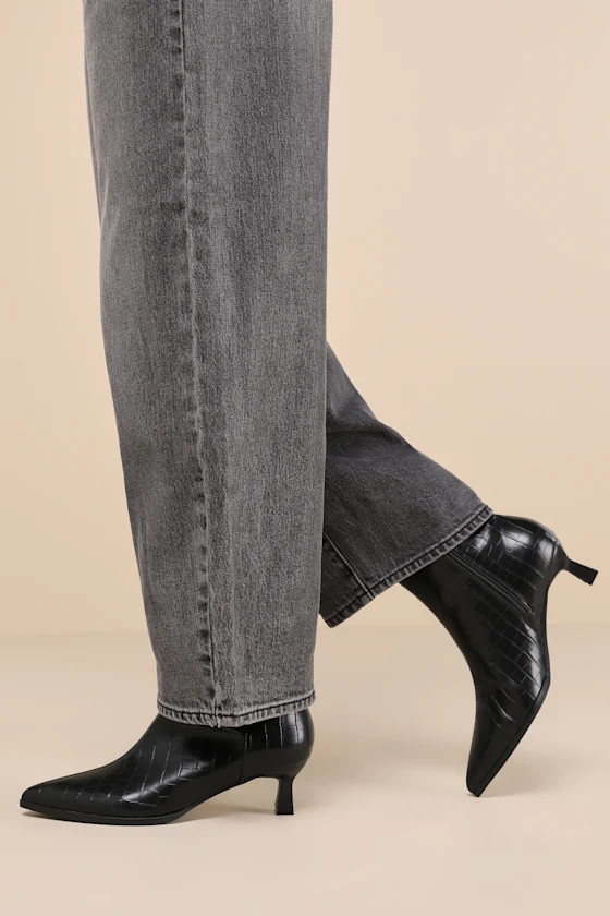 Portwood Black Croc-Embossed Kitten Heel Ankle Booties | Lulus