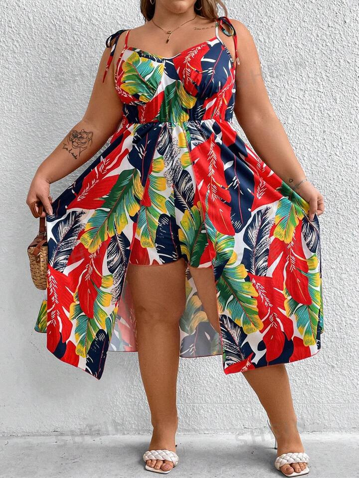 SHEIN CURVE+ Plus Size Women's Tropical Plant Print Jumpsuit With Spaghetti Straps | SHEIN