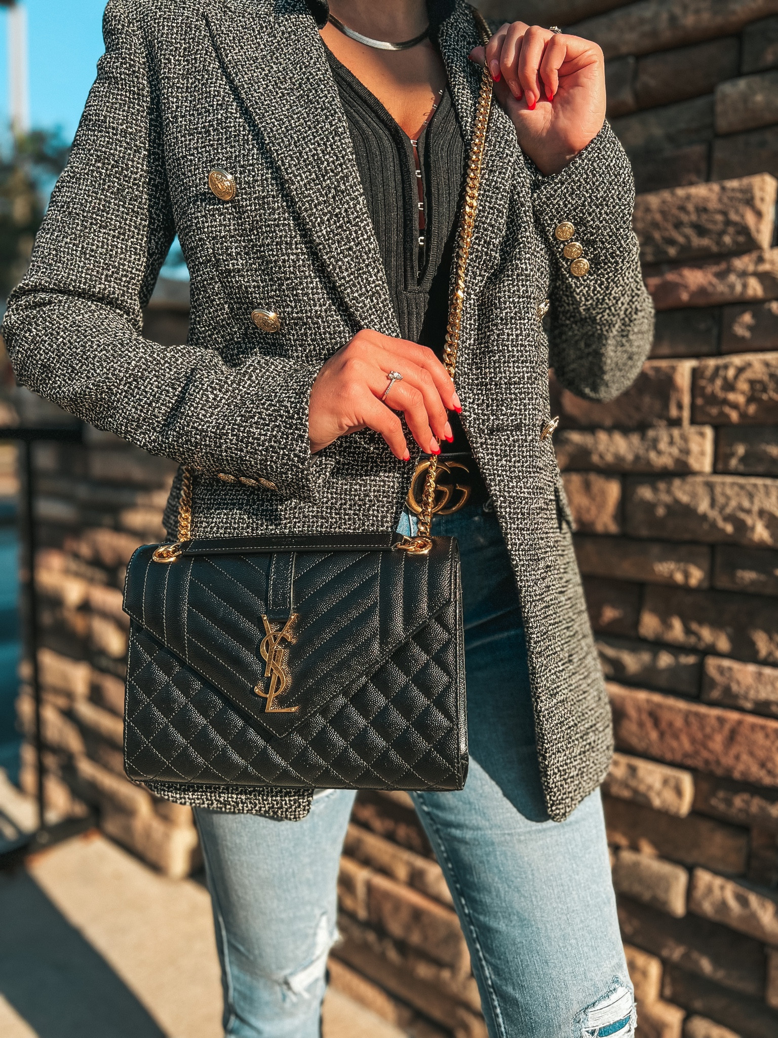 Spring Style: Plaid Long Blazer + Straight Leg Jeans + YSL Medium Envelope  Bag