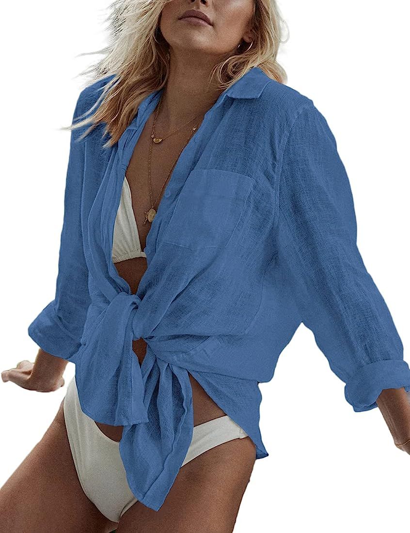 Bsubseach Women Long Sleeve Beach Shirt Blouses Bathing Suit Cover Up Button Down Collar | Amazon (US)