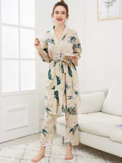 Flower Print Cami Pajama Set With Robe | SHEIN