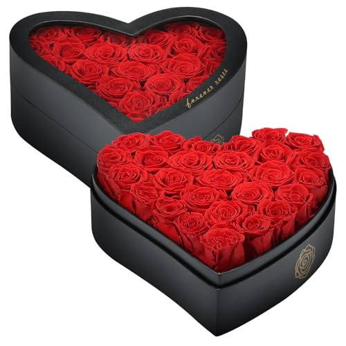 HERBMOTG 27 Preserved Roses in Heart Shaped Box - Forever Flowers Romantic Gifts for Her, Valentine’s Day, Anniversary, Wedding (Red) | Amazon (US)