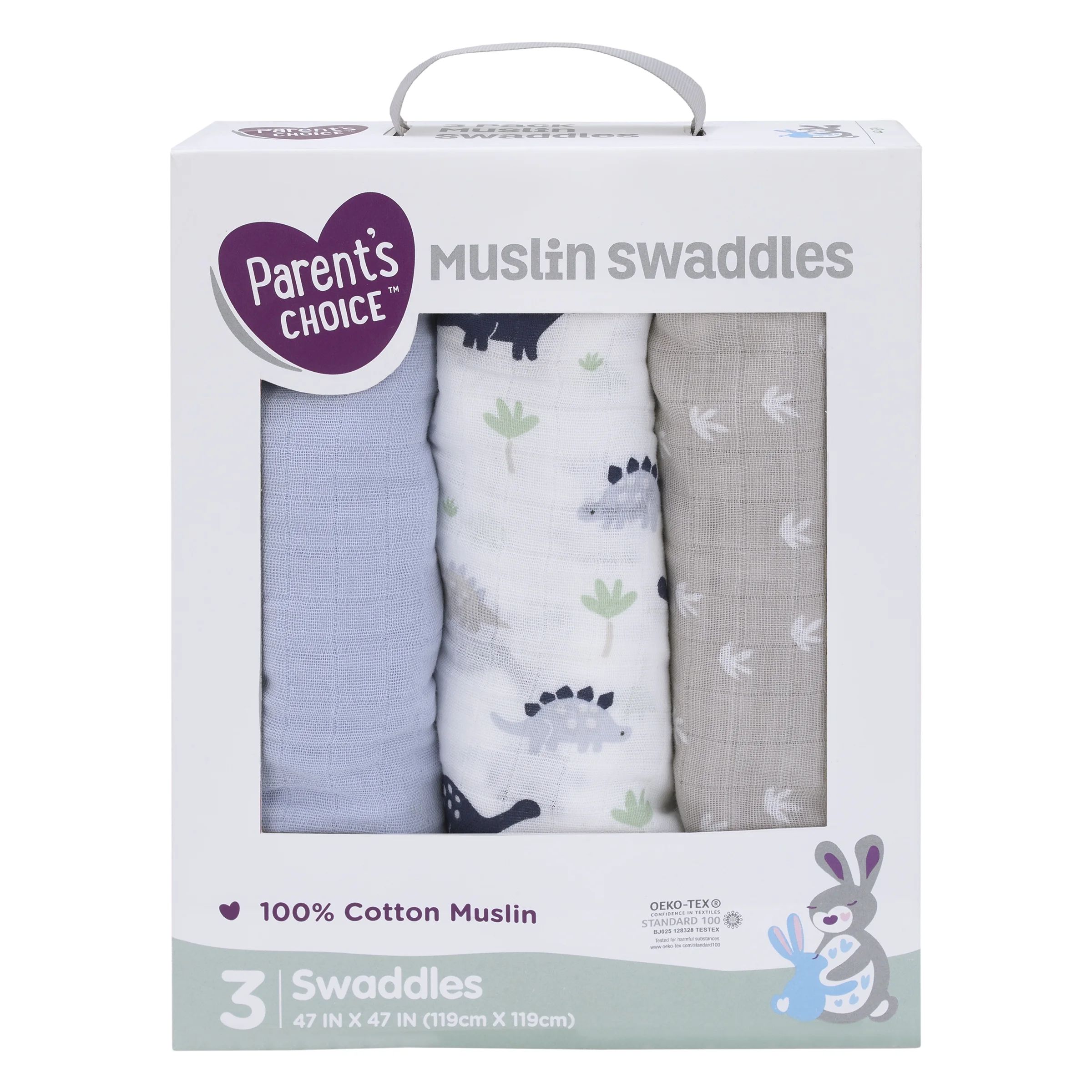 Parent's Choice 3pk Muslin Swaddle Blanket Blue Boy Dino - Walmart.com | Walmart (US)