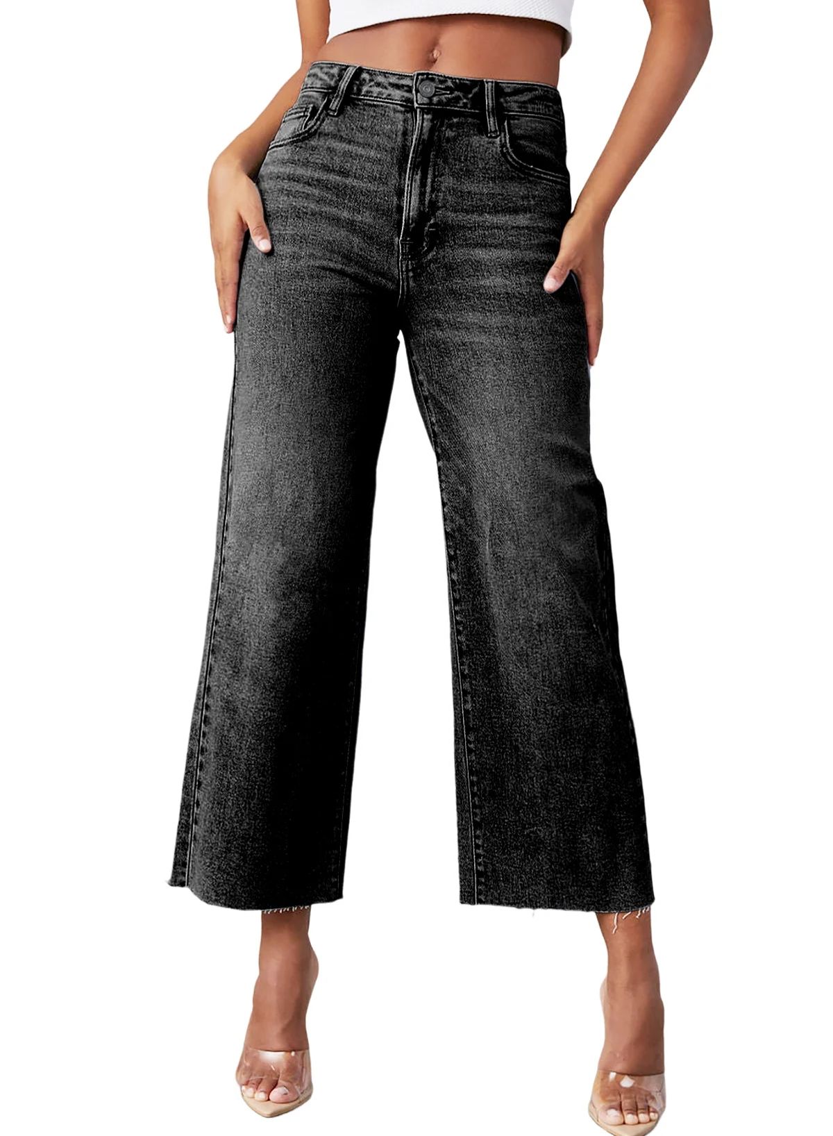 Dokotoo Ladies Wide Leg Jeans High Waisted Baggy Straight Leg Raw Hem Denim Trousers Casual Stret... | Walmart (US)