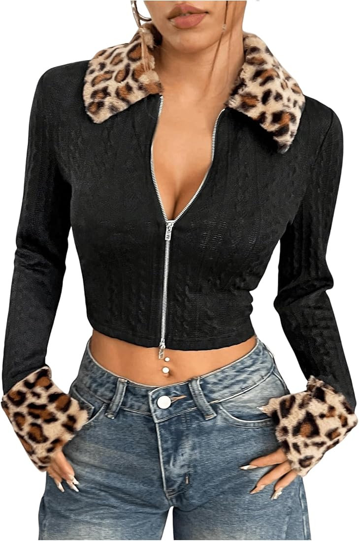 Milumia Women's Leopard Print Y2k Crop Jacket Faux Fur Trim Coat Outwear Clubwear | Amazon (US)