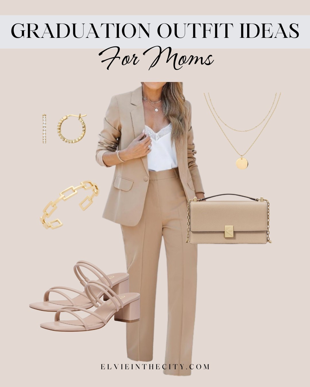 This graduation outfit for moms includes a two-piece blazer and pants set, a Kate Spade handbag, strappy block heel sandals, rhinestone hoop earrings, a gold bracelet, and a layered gold necklace. 

Ootd, graduation outfit, spring outfit, Easter outfit, business outfit, office outfit, amazon fashion, fashion over 40

#LTKStyleTip #LTKOver40 #LTKFindsUnder50