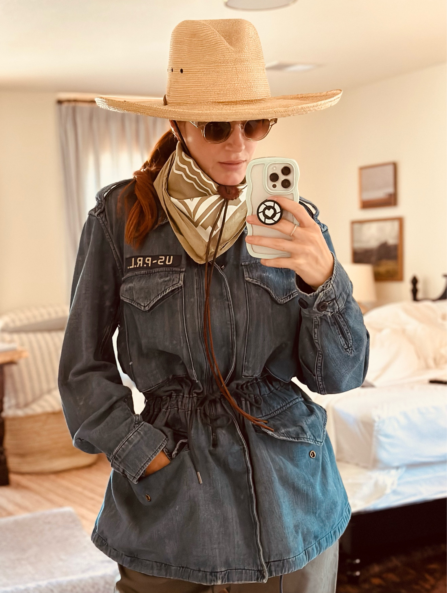 Headed out to ride around at the ranch and this is such a practical outfit. It’s all about sun coverage, plus it’s super dusty out here so this material is very durable. Love the amount of pockets this jacket has for my phone, keys and whatever my kids need me to hold.

It’s adorable layered over a dress like I did yesterday - push up the sleeves and cinch the waist in for styling.

This jacket is old Polo, but found some NWT options for you.