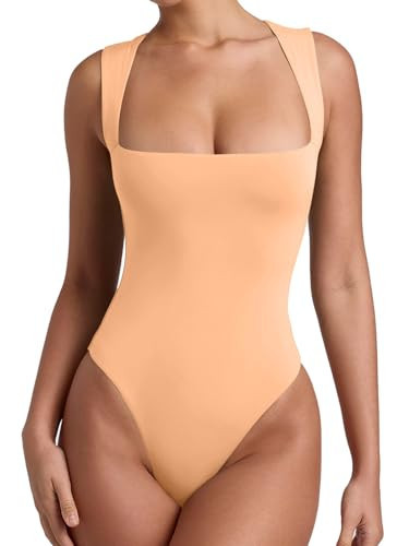 REORIA Womens Sexy Casual Sleeveless Square Neck Tummy Control Thong Bodysuits Tank Tops Sexy Plus Size Peach Fuzz XX-Large | Amazon (US)