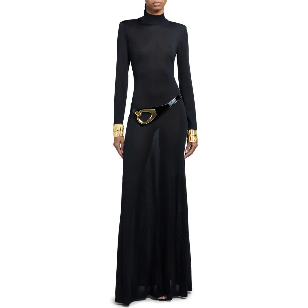 TOM FORD Semisheer Mock Neck Open Back Long Sleeve Maxi Dress in Black at Nordstrom, Size Small | Nordstrom