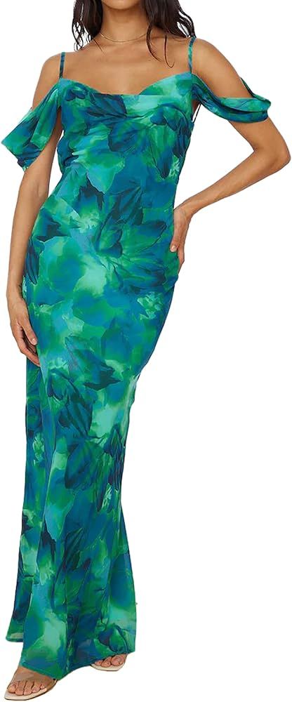 MASCOMODA Spaghetti Strap Long Maxi Dresses for Women 2024 Summer Floral Sexy Bodycon Backless Fo... | Amazon (US)