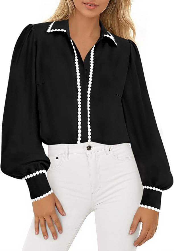 PRETTYGARDEN Womens Long Sleeve Button Down Shirts 2026 Trendy V Neck Loose Fit Fall Tops Collare... | Amazon (US)