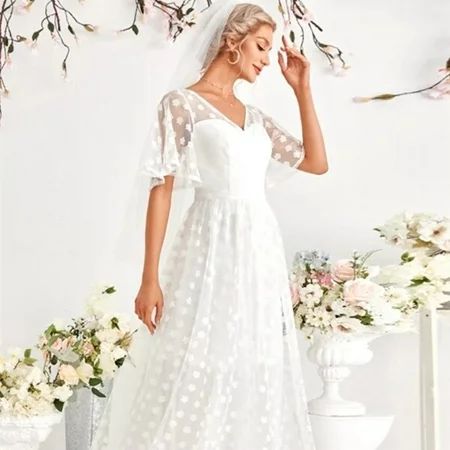Women V Neck Sheer Mesh Bridal Gowns Sexy Lace Formal Bridal Dresses Elegant Dress Butterfly Sleeve  | Walmart (US)