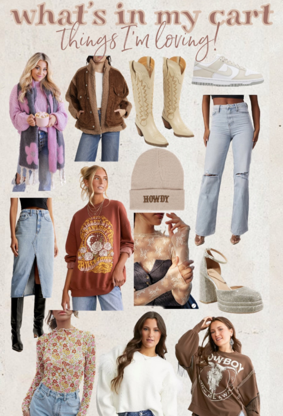 currently crushing on… 🤎
.
.
.
#winter #wintertrends #beanie #howdy #cowboy #buckle #altardstate #rippedjeans #vici #ocersized #oversizedsweatshirt #denimskirt #westernboots #nordstrom #target #platformshoes #sparkles #glitter #holiday #pinklily #freepeople #cozy #comfy #dressedup #nike #lowdunks 

#LTKsalealert #LTKstyletip #LTKfindsunder100