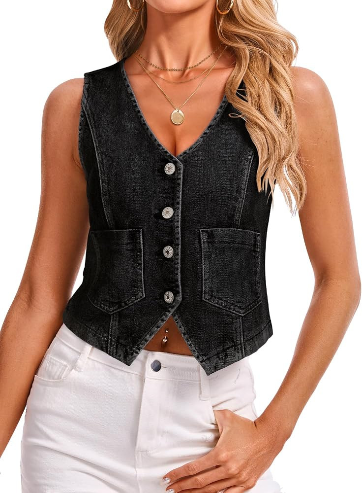 Denim Vest V Neck Jean Vest Tops for Women Sleeveless Button Down Denim Cropped with Pockets Casu... | Amazon (US)