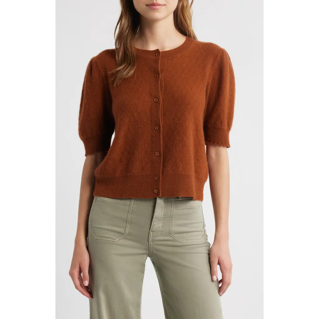 FRAME The Cashmere Pointelle Puff Sleeve Cardigan in Chestnut at Nordstrom Rack, Size Small | Nordstrom Rack