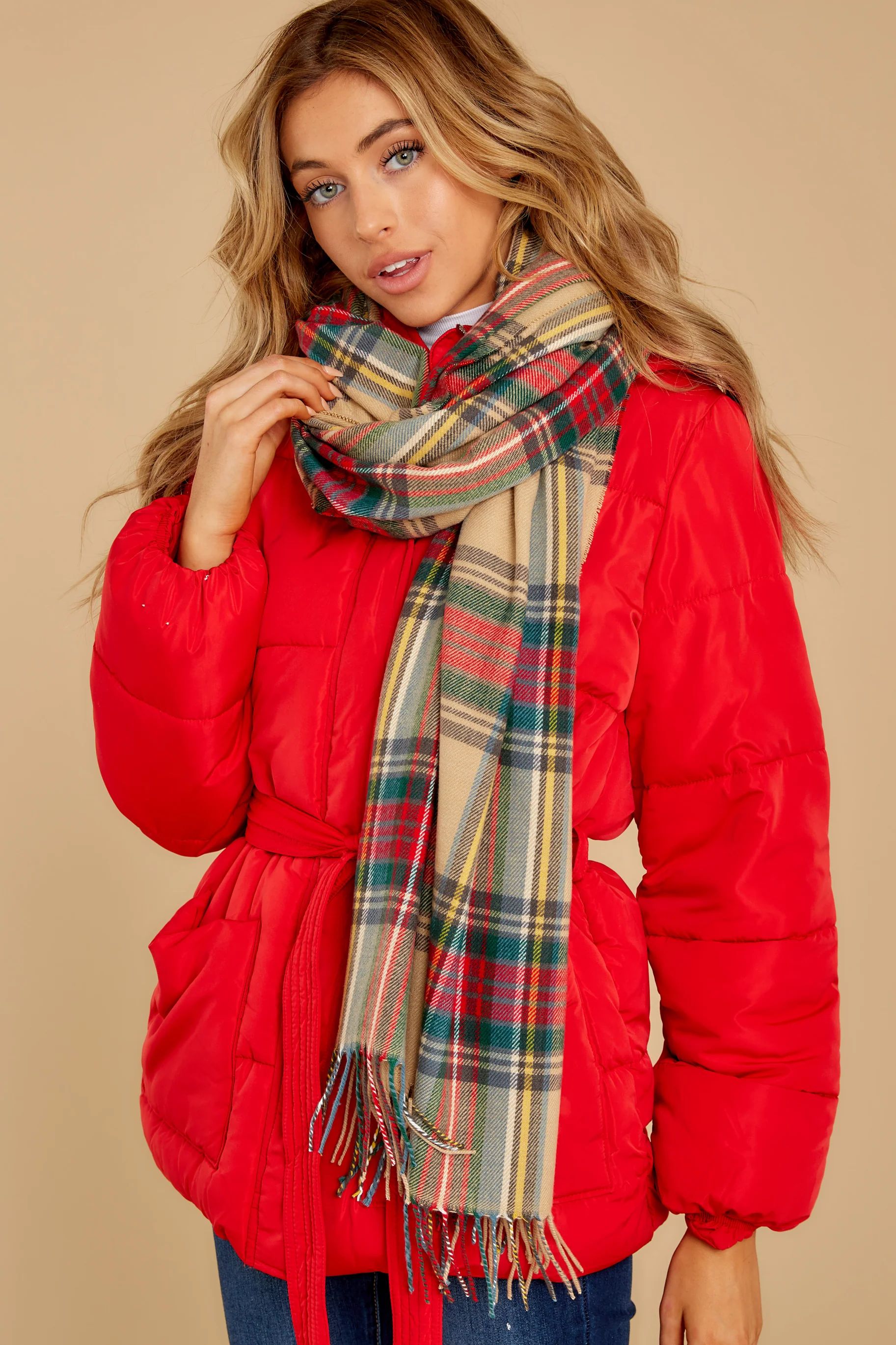 My Favorite Tradition Tan Plaid Scarf | Red Dress 