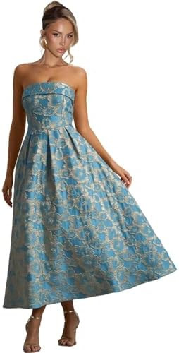 Strapless Prom Dresses for Women Jacquard Satin Bridesmaid Dress Midi A Line Formal Party Gown | Amazon (US)