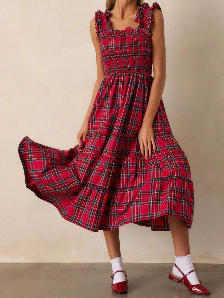 Women's Christmas Plaid Smocked Midi Dress Ruffle Strap Tiered Casual Dress Vintage Gingham Backless Flowy A-Line Dress For Holiday Party Clothes | SHEIN