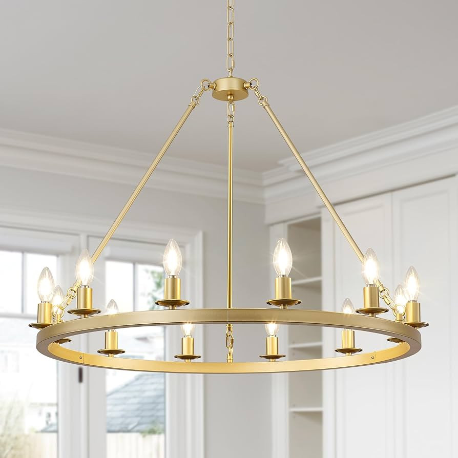 Gold Wagon Wheel Chandelier 32-Inch 12-Light,Extra Large Round Rustic Farmhouse Chandelier Metal ... | Amazon (US)