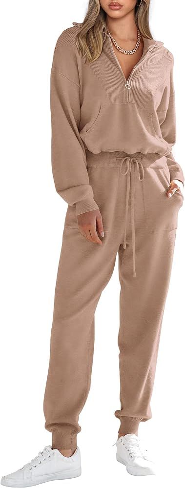 PRETTYGARDEN Women's 2 Piece Sweater Set Pullover Zip Up Sweatshirt Jogger Sweatpants Tracksuit C... | Amazon (US)