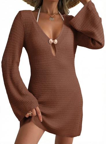 Dokotoo Beach Cover Ups for Women Bathing Suit for Women Bikini Cover Up Resort Wear Sexy V Neck Loose Long Sleeve Crochet Cover Ups Swimwear Hollow Out Summer Dress Vacation Swimsuit Coffee Large | Amazon (US)