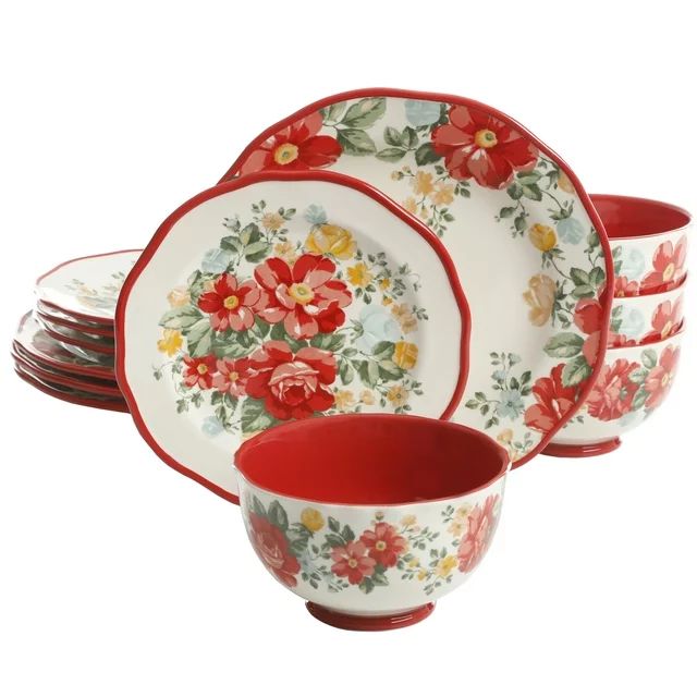 The Pioneer Woman Vintage Floral 12-Piece Dinnerware Set, Red | Walmart (US)