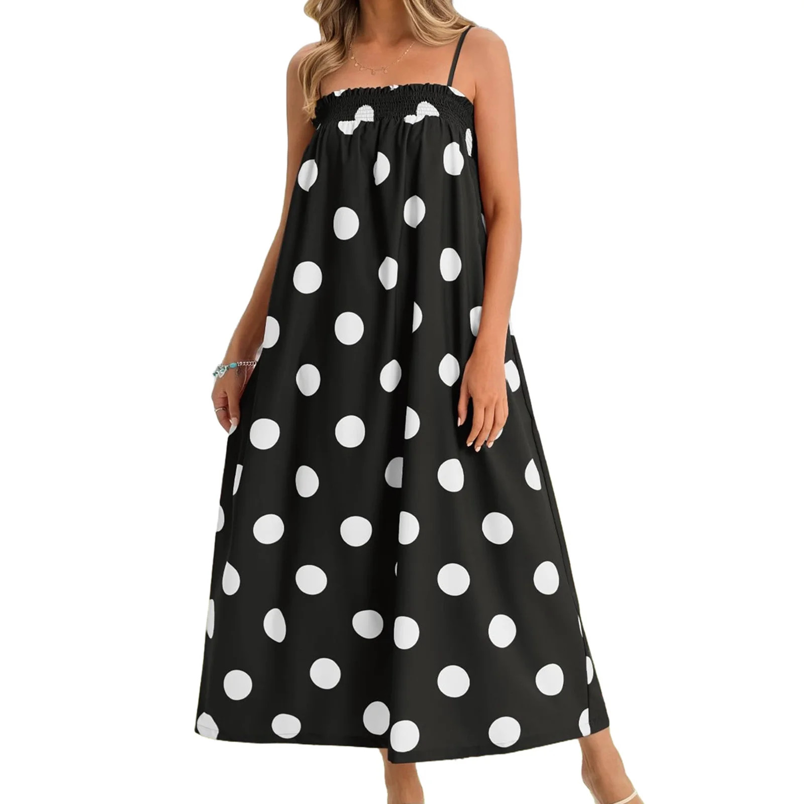 Spaghetti Strap Women Summer Sleeveless Polka Dots Print Smocked Long Maxi Dress with Pocket | Walmart (US)