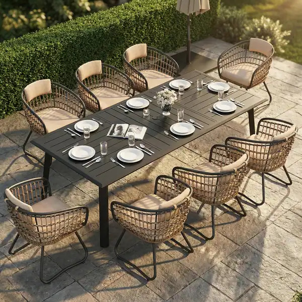 9PC Patio Outdoor Aluminum Dining Table Sets with Umbrella Hole with Rattan Chair | Bed Bath & Beyond