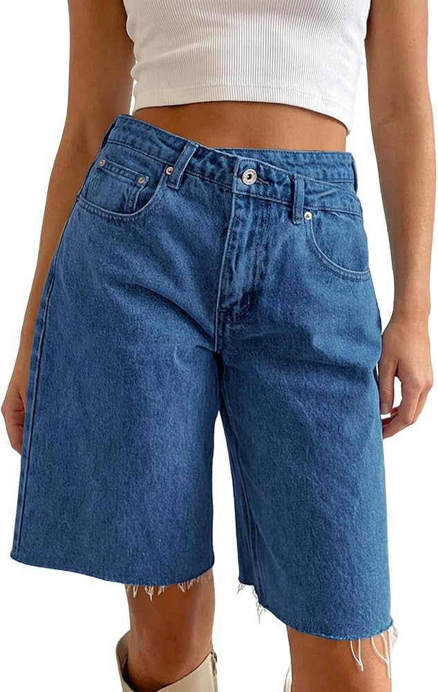 PLNOTME Womens Crossover Denim Shorts Summer Asymmetrical High Waisted Straight Leg Jean Shorts | Amazon (US)