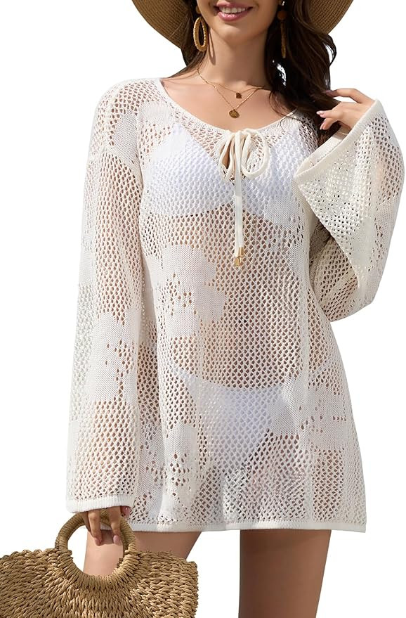Womens Swimsuits Crochet Swim Cover Ups 2026 Summer Long Sleeve Bathing Suit Swimwear Beach Dress... | Amazon (US)