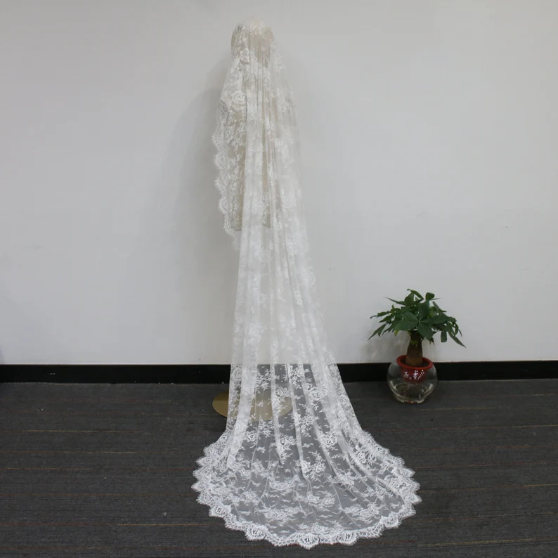 Vintage Floral Lace Mantilla Veil, Eyelash Lace Edge Wedding Veil, Ivory Chapel Veil, Elegant Lac... | Etsy (US)