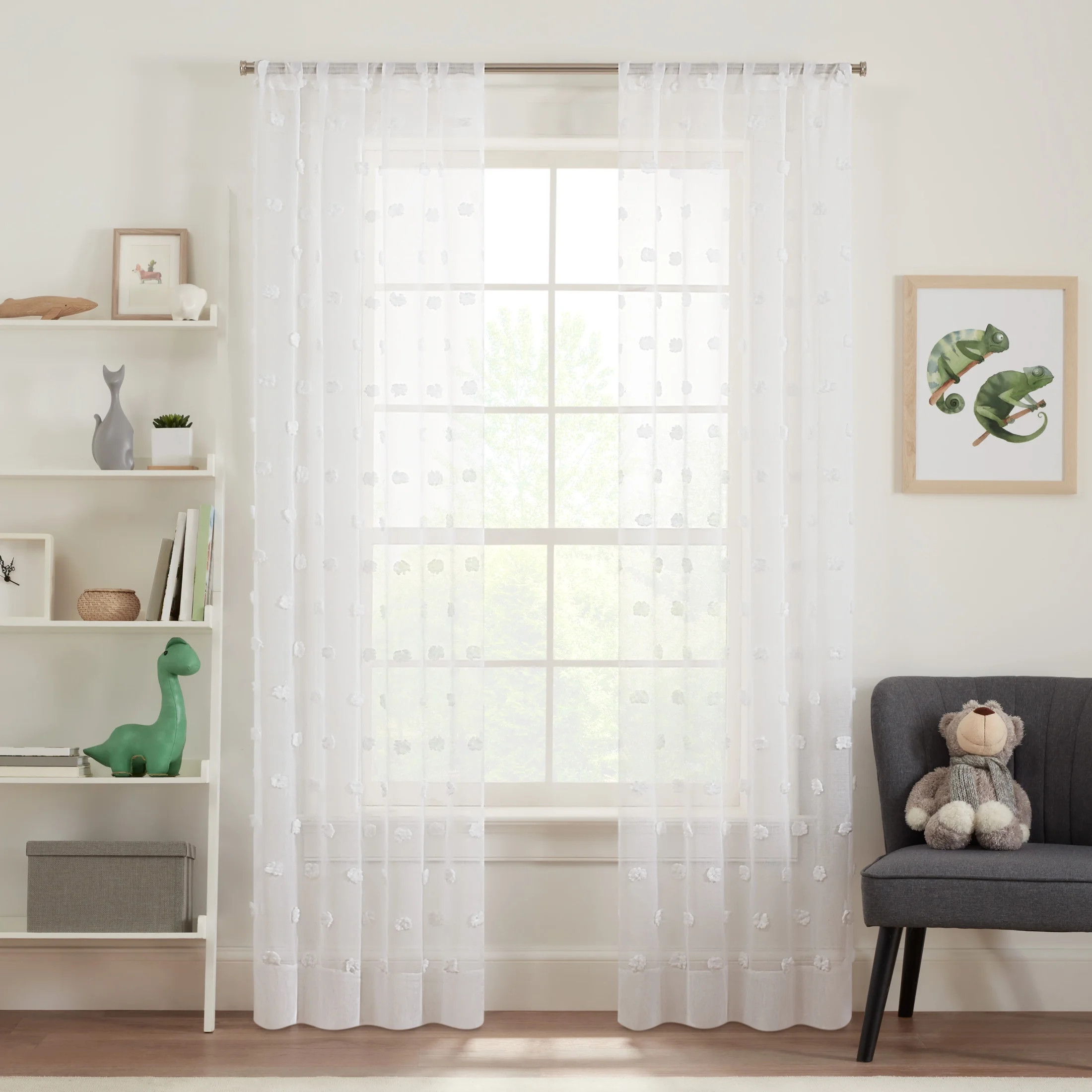 Your Zone Clipped Pom Rod Pocket Sheer Single Curtain Panel, Artic White, 38" W x 84" L | Walmart (US)