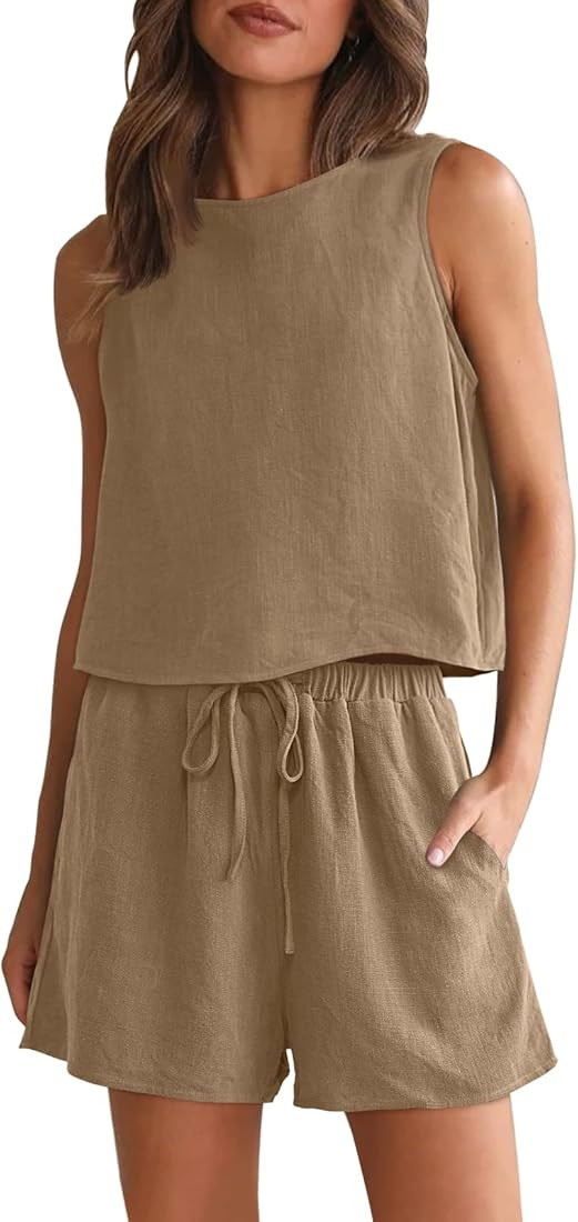 AUTOMET Women 2 Two Piece Outfits Lounge Matching Sets Linen Shorts Crop Tops 2024 Summer Fashion... | Amazon (US)