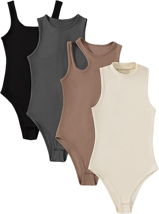 MakeMeChic Women's 4pcs Casual Solid Sleevelss Ribbed Knit Bodysuit Pack | Amazon (US)