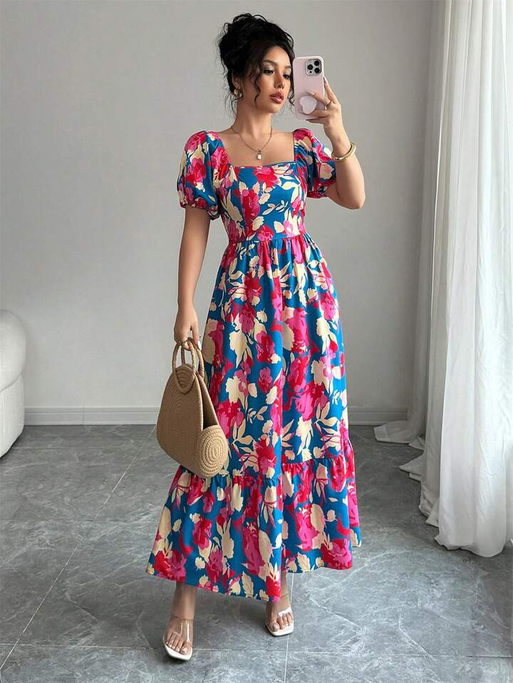 Elenzga Printed Ruched Crew Neck Puff Sleeve Design Women Dress | SHEIN