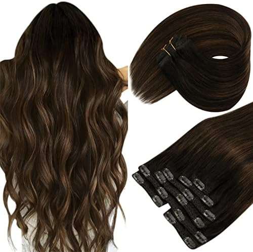 Sunny Balayage Hair Extensions Clip in Human Hair 22inch 7Pcs Darkest Brown Mix Medium Brown Clip in | Amazon (US)