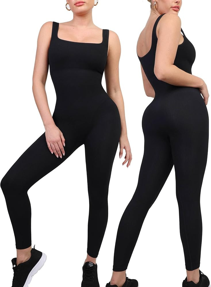 Popilush Jumpsuits for Women Built-In Bra Square Neck Ribbed Bodycon Workout Seamless Leggings Ro... | Amazon (US)