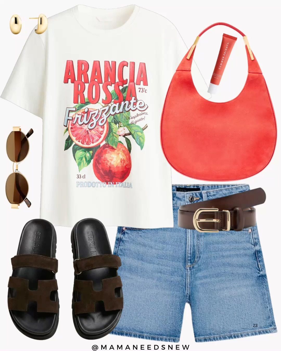 A spring / summer outfit with a graphic t-shirt, shoulder bag, denim shorts, slide sandals 🍊🧡 

#LTKSaleAlert #LTKSeasonal #LTKSpringSale