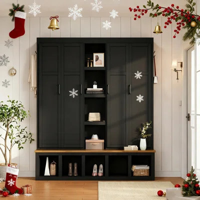 62.9"W Farmhouse 4-In-1 Hall Tree With 6 Hanging Hooks & 4 Wardrobes,Mudroom Wood Grain Bench With Open Compartments | Wayfair North America
