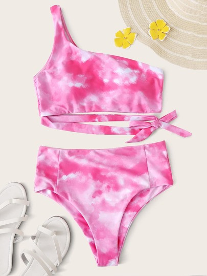 Tie Dye Tie Side One Shoulder Bikini Swimsuit | SHEIN