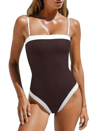 LASLULU Womens Spaghetti Straps Swimsuits Tummy Control Coffee Swimming Suits Slimming Modest Square Neck Bathing Suits Beach Outfits Swimwear(Coffee Medium) | Amazon (US)