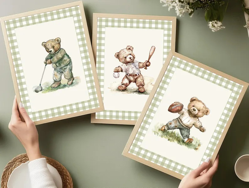 Vintage Sport Boy Nursery Gingham Plaid Art ∙ Set of 3 Teddy Bear Prints ∙ 1850 - Etsy | Etsy (US)