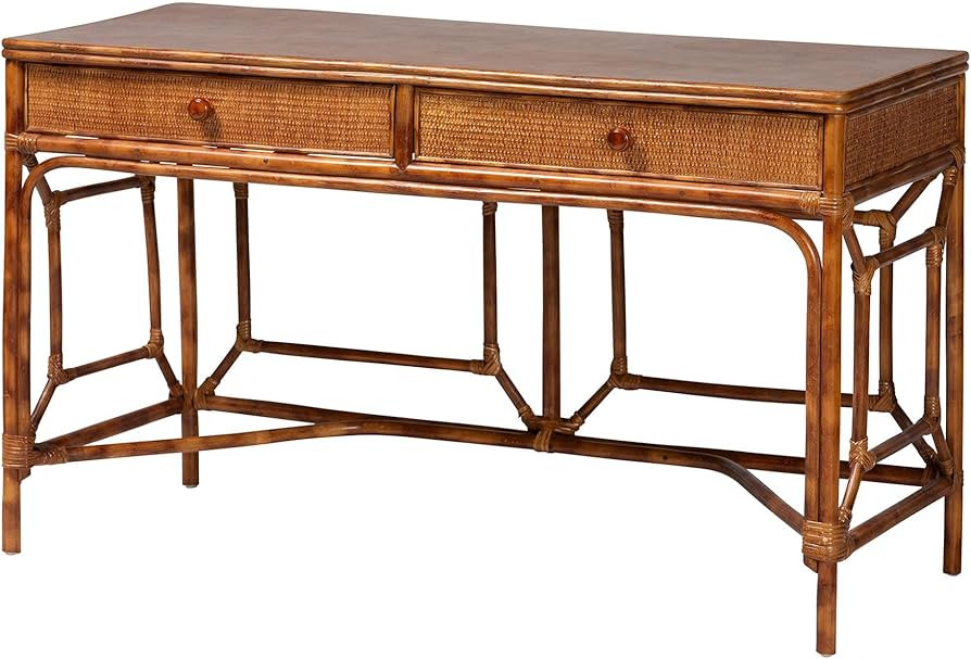 Bali & pari Basile Marbled Tortoise Natural Rattan Desk - 2-Drawer Writing Desk with Open Geometr... | Amazon (US)