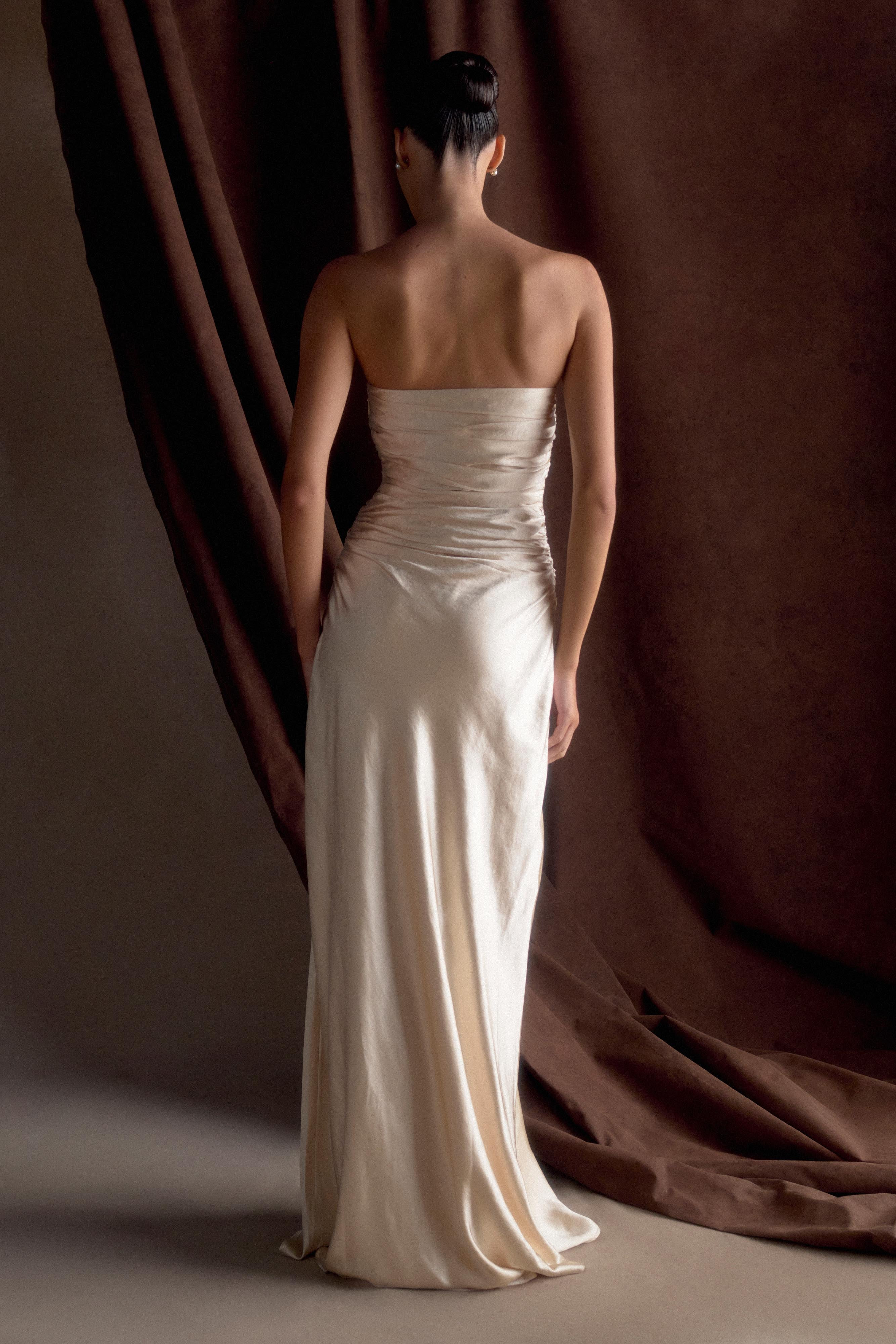 Strapless Satin Maxi Dress - Champagne | MESHKI US