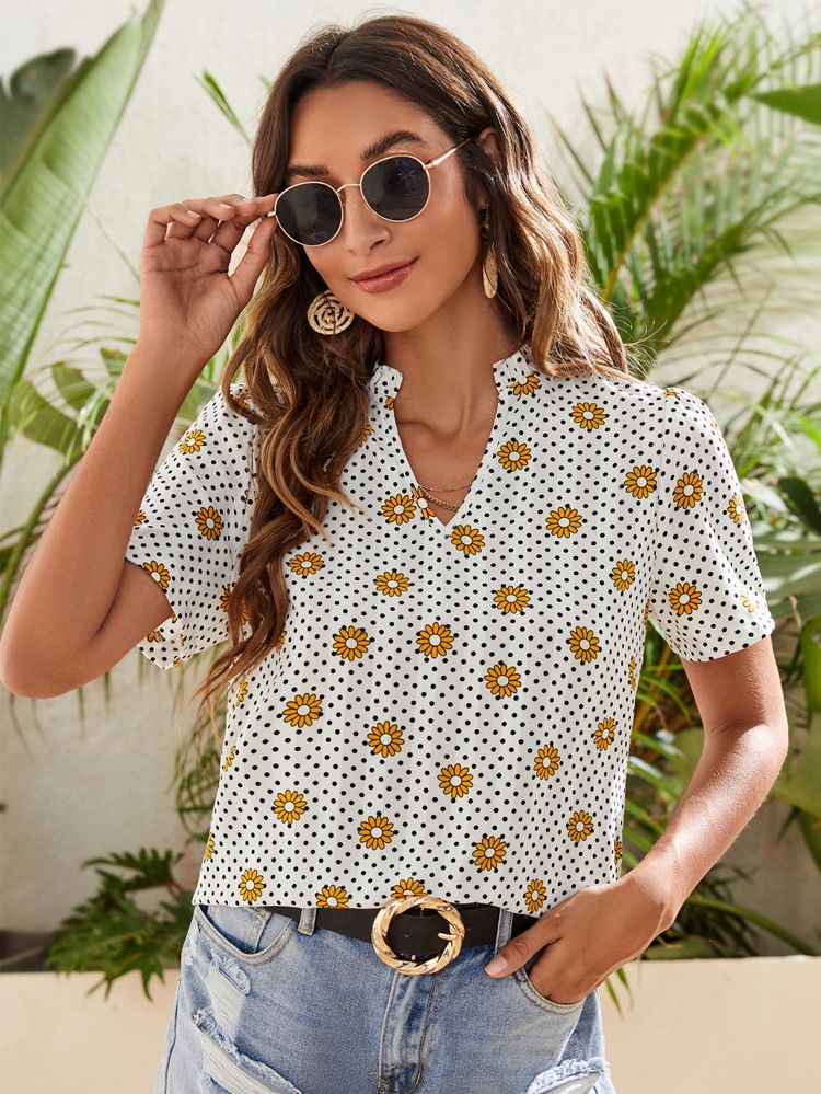 Notched Neck Polka Dot & Floral Print Blouse | SHEIN