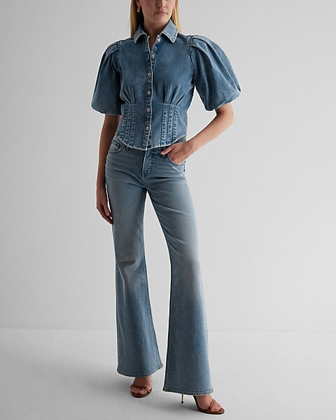 Denim Puff Sleeve Corset Button Up Shirt | Express